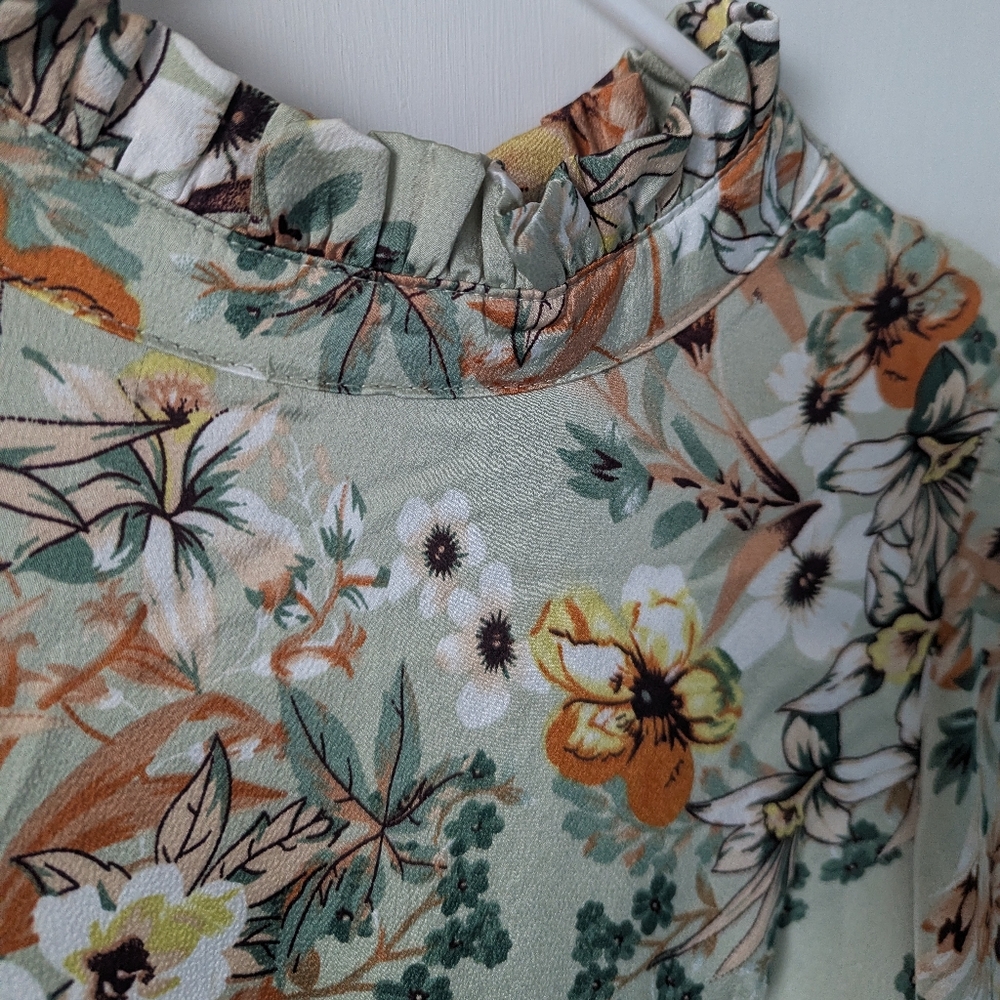 Floral Print High Neck Ruched Midi Dress Sage Green Fairycore Size 4 Boohoo - Picture 7 of 13